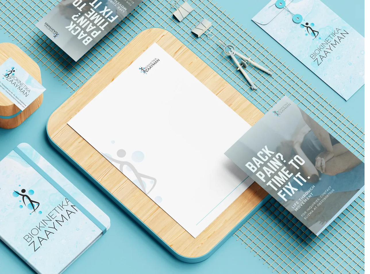 Biokinetika Zaayman branding suite — letterhead, business cards, brochures and notebook