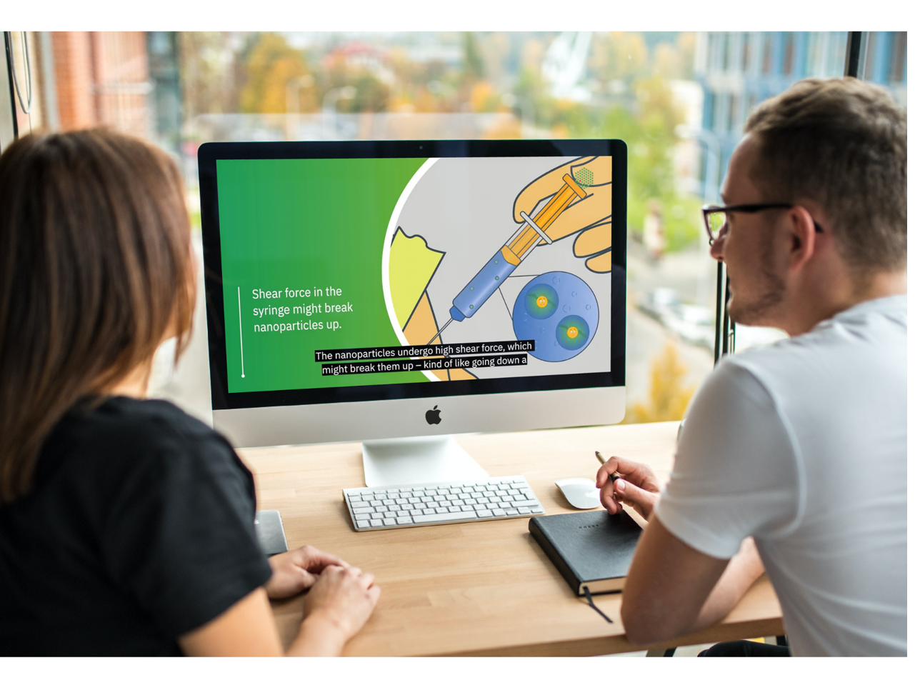 Custom medical illustration of nanoparticle injection, shown on an iMac during a client review